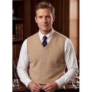 Brooks Brothers Mens 100% Pure Cashmere V-Neck Sweater Vest Tan Scotland 40